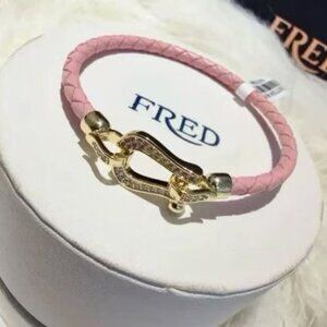 Pink Braided Leather Bracelet with Diamond-Encrusted Gold Clasp